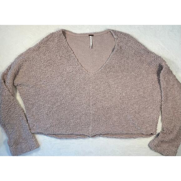 Free People Pink Mauve Boucle V Neck Pullover Crop Boxy Sweater Top Large - Picture 5 of 8